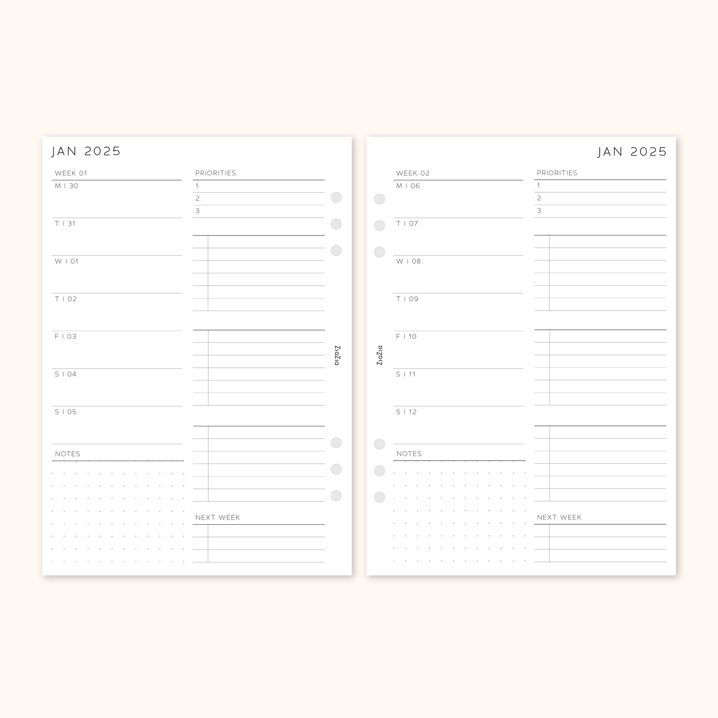 Printed 2025 Dated Week On 1 Page Planner Insert