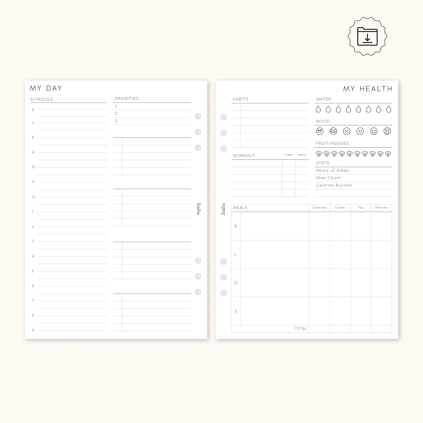PRINTABLE - Un-Dated Daily Schedule & Health Planner Insert