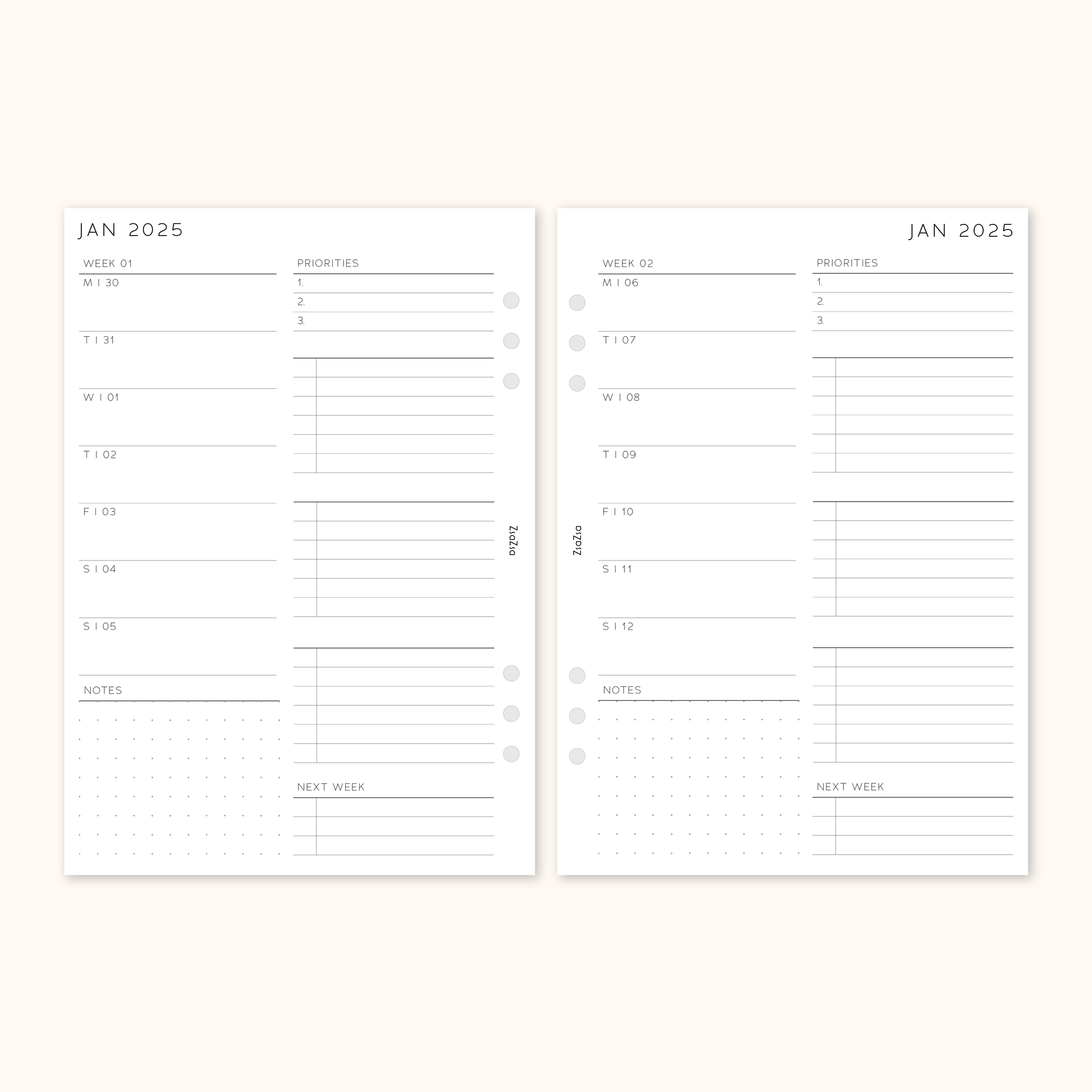 Printed 2025 Dated Week On 1 Page Planner Insert