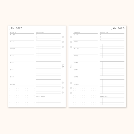 Printed 2025 Dated Week On 1 Page Planner Insert