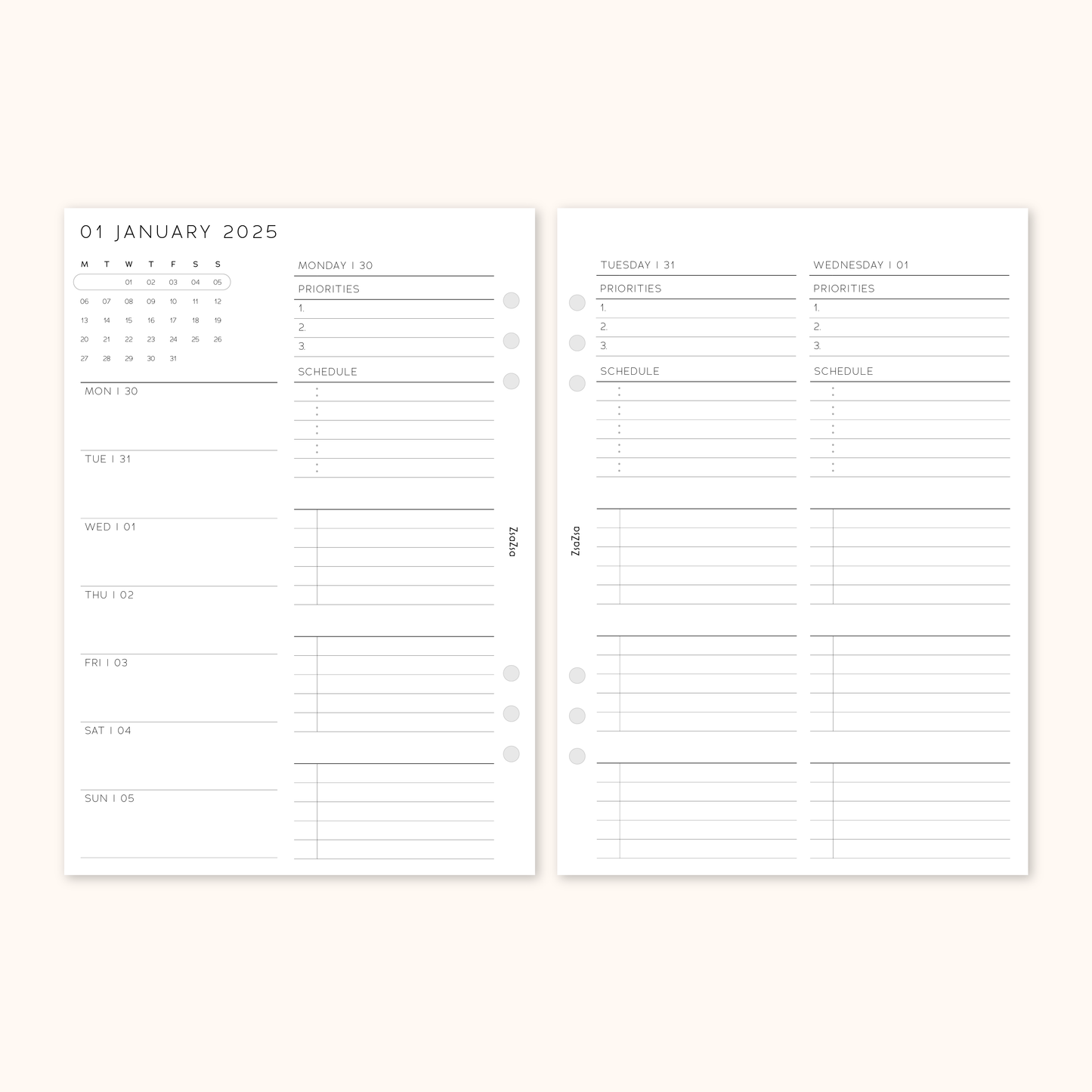 Printed 2025 Dated Week on 4 Pages Planner Inserts