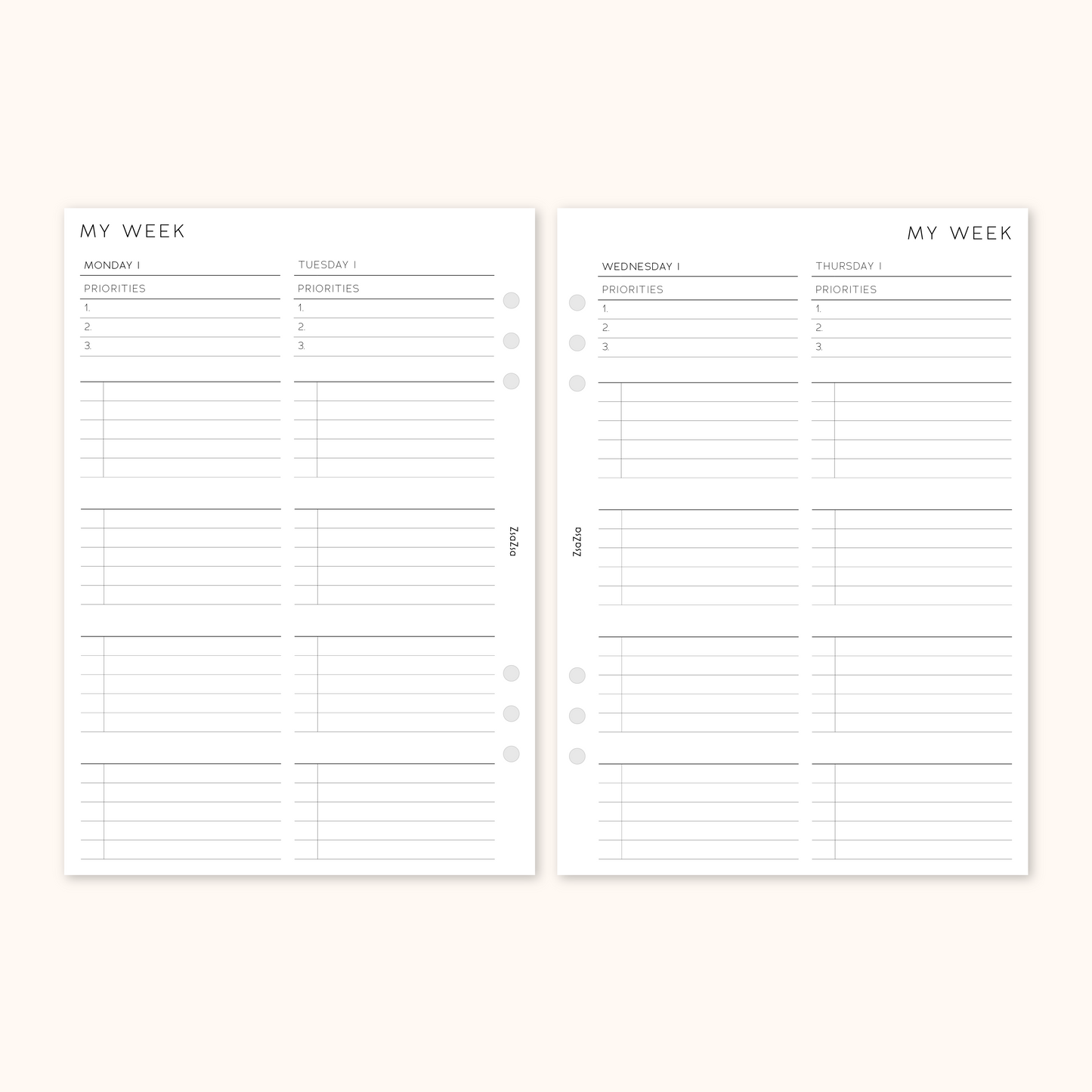 Un-Dated Week On 4 Pages Planner Insert