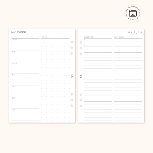 PRINTABLE - Un-Dated Week on 2 Pages Planner Insert V2