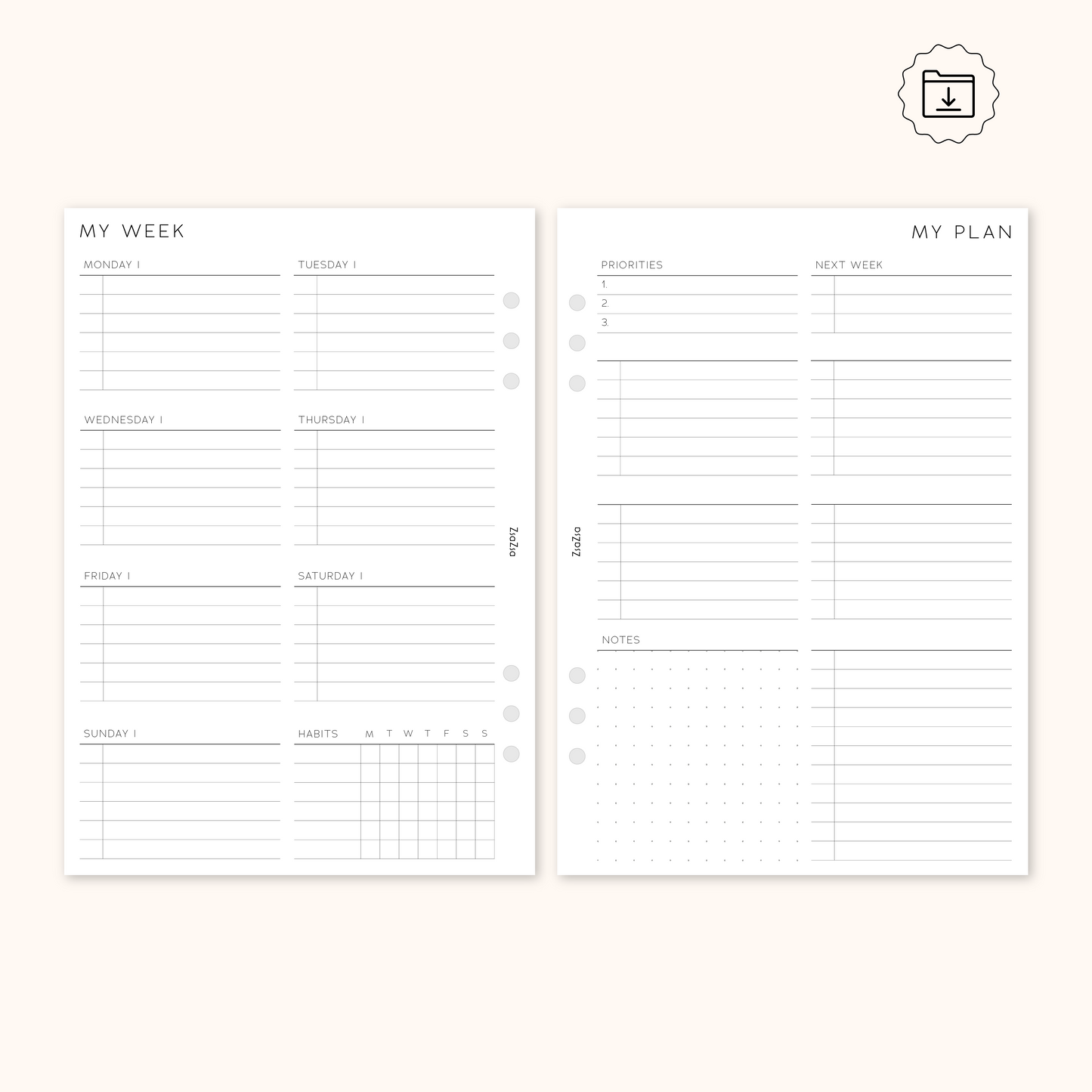 PRINTABLE - Un-Dated Week on 2 Pages Planner Insert V1