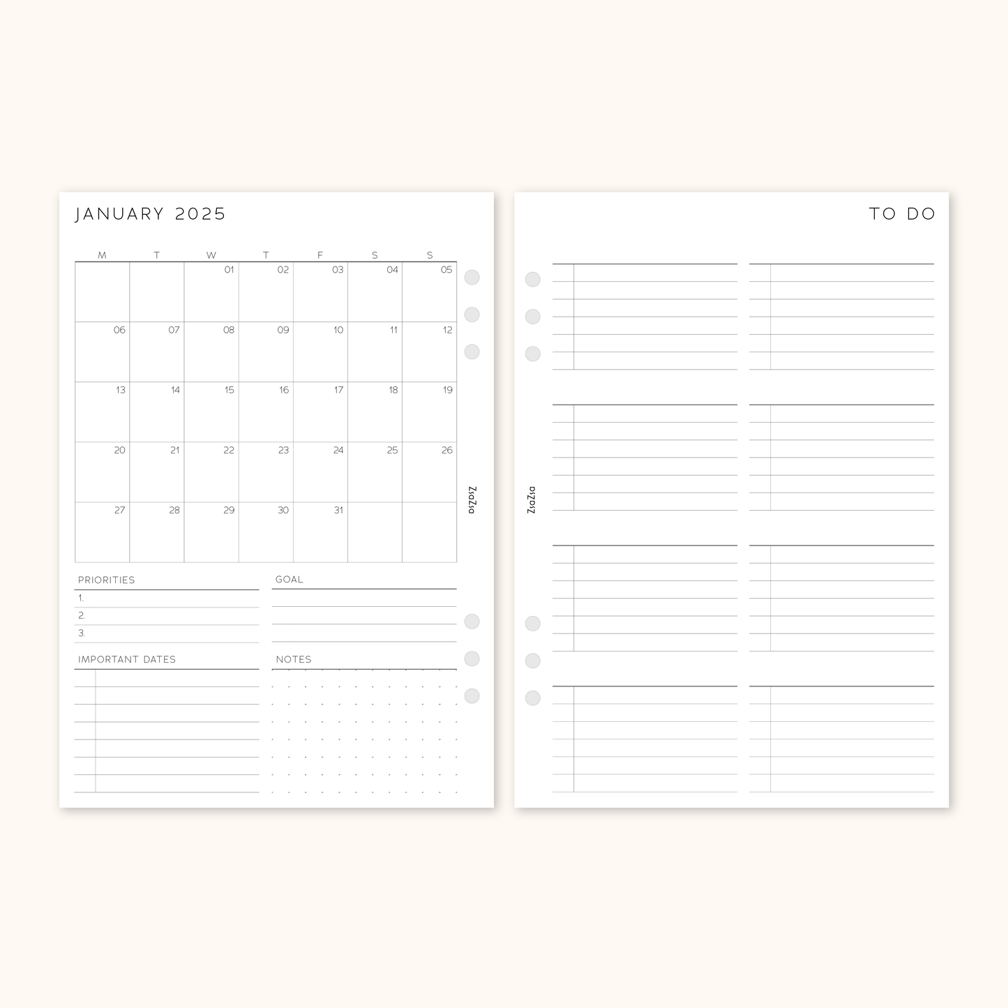 Printed 2025 Dated Monthly Overview Planner Inserts