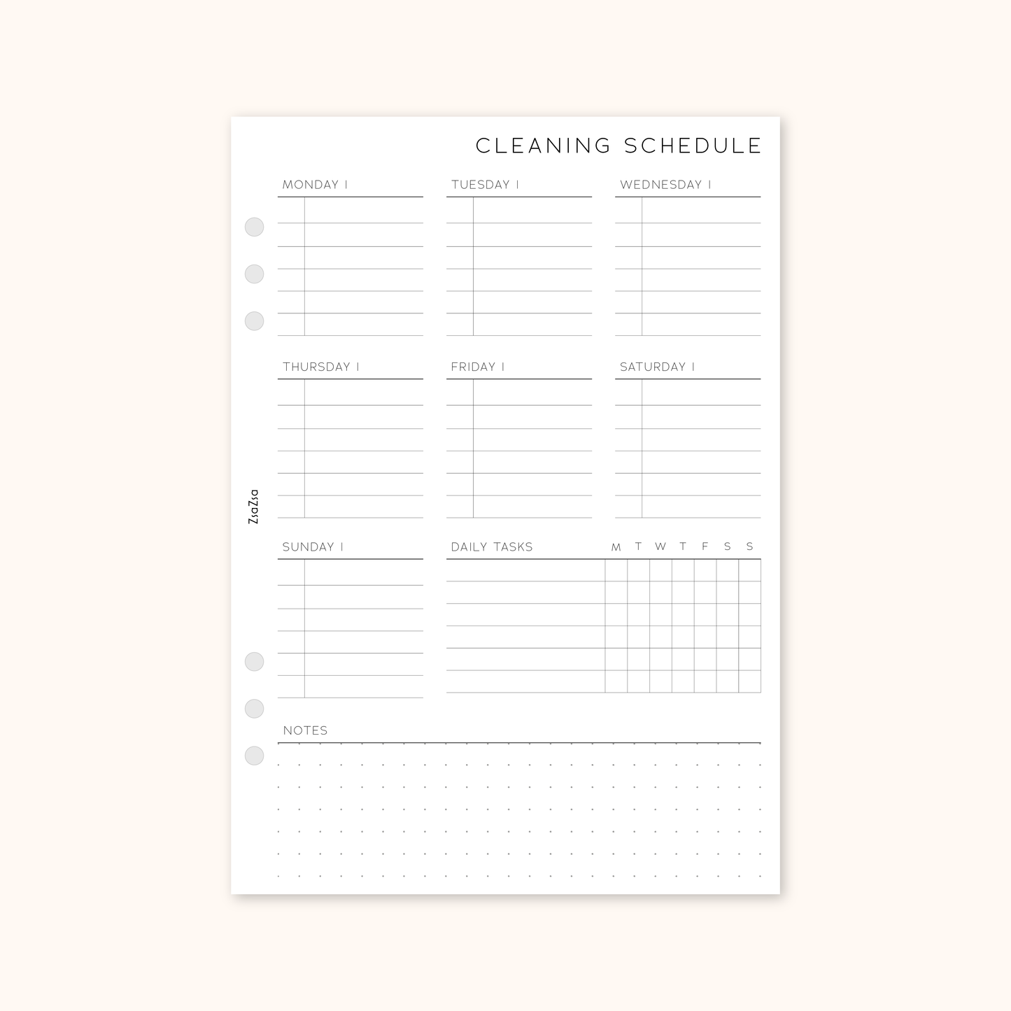 Weekly Cleaning Schedule Planner Insert