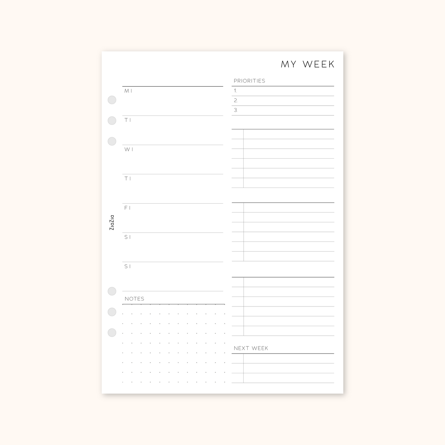PRINTABLE - Un-Dated Week on 1 Page Planner Insert V2