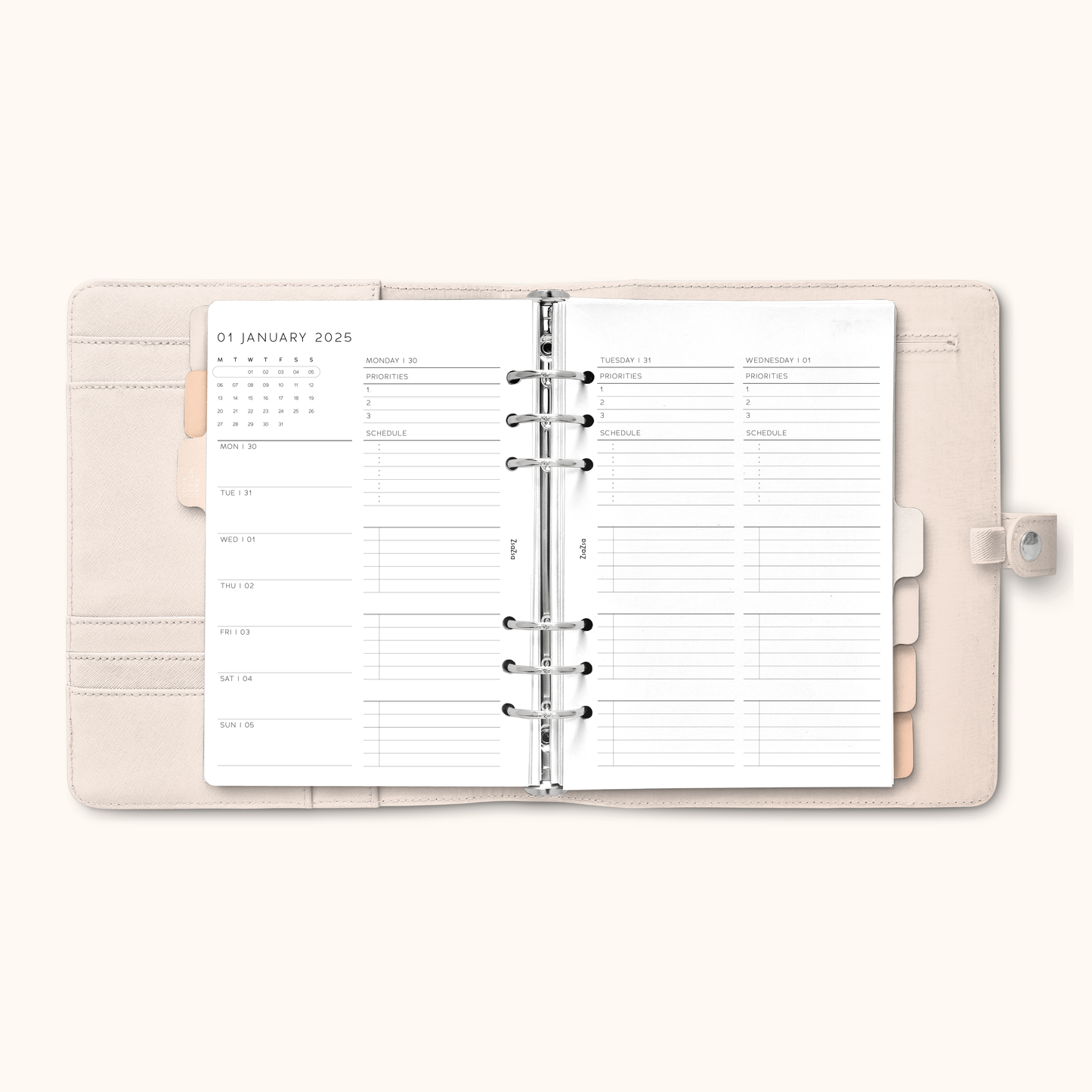 Printed 2025 Dated Week on 4 Pages Planner Inserts