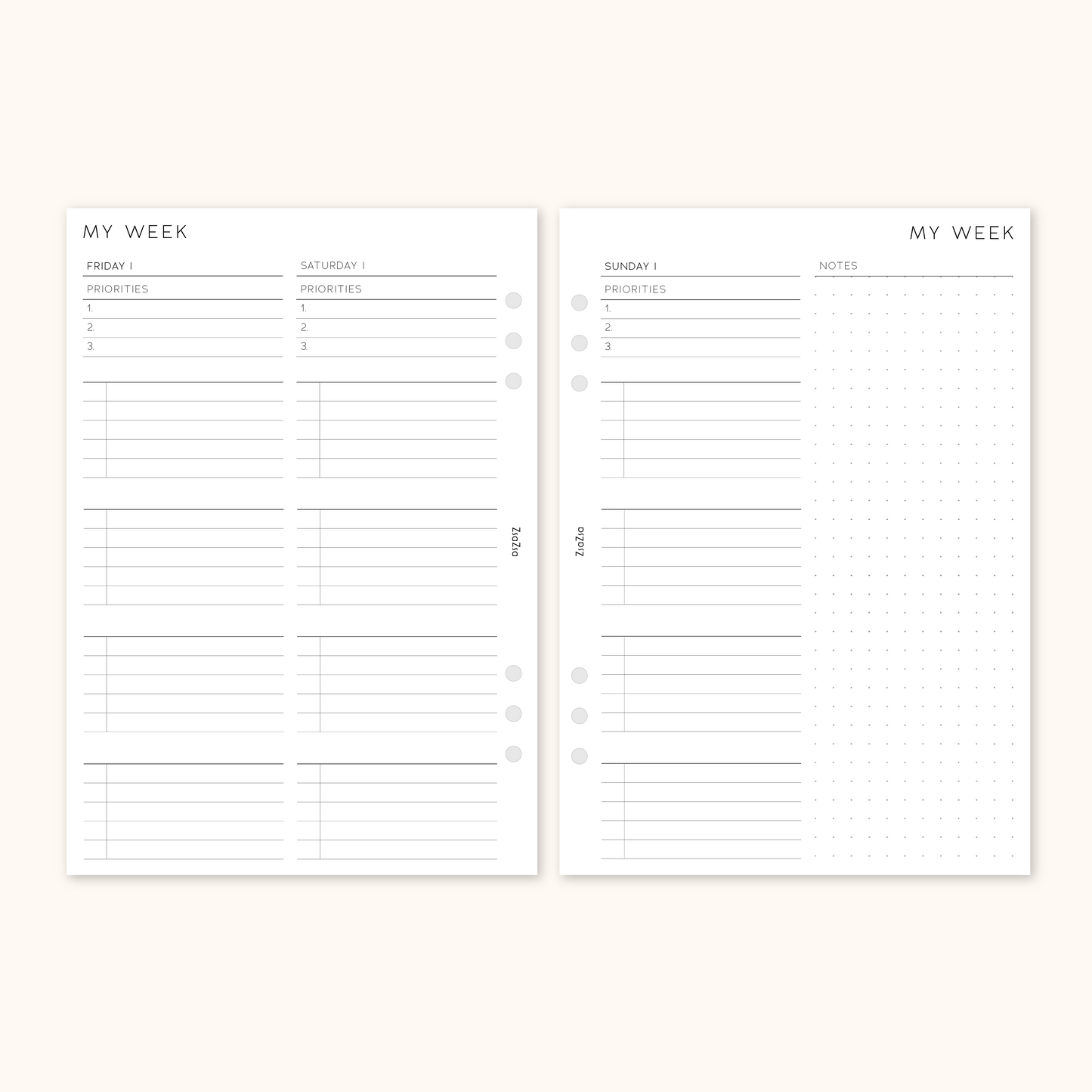 Un-Dated Week On 4 Pages Planner Insert