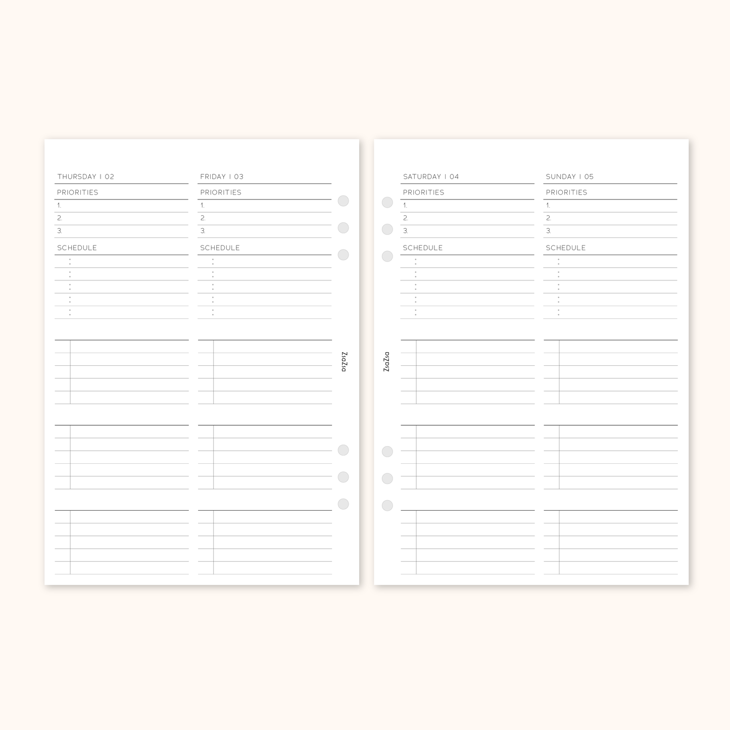 Printed 2025 Dated Week on 4 Pages Planner Inserts