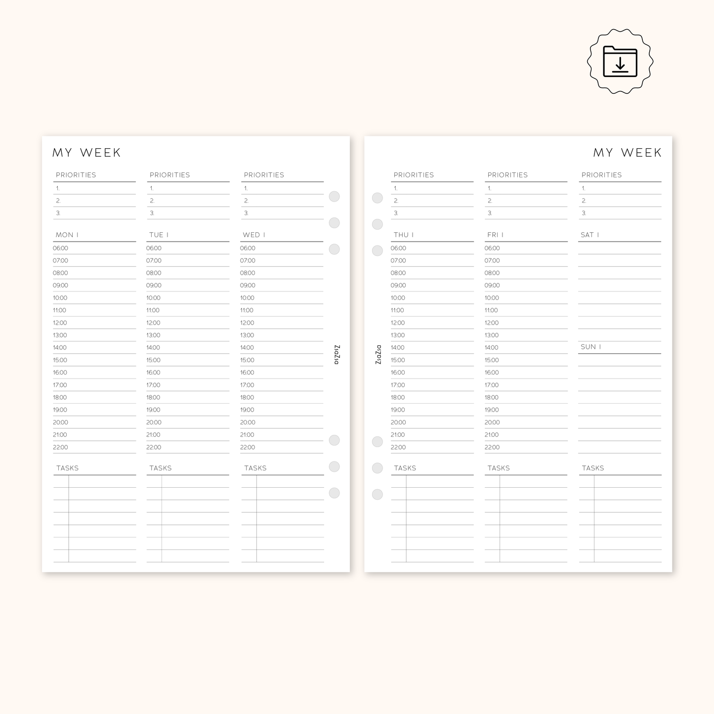 PRINTABLE - Un-Dated Week on 2 Pages Planner Insert V3