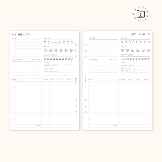 PRINTABLE - Un-Dated Daily Health Tracker Planner Insert