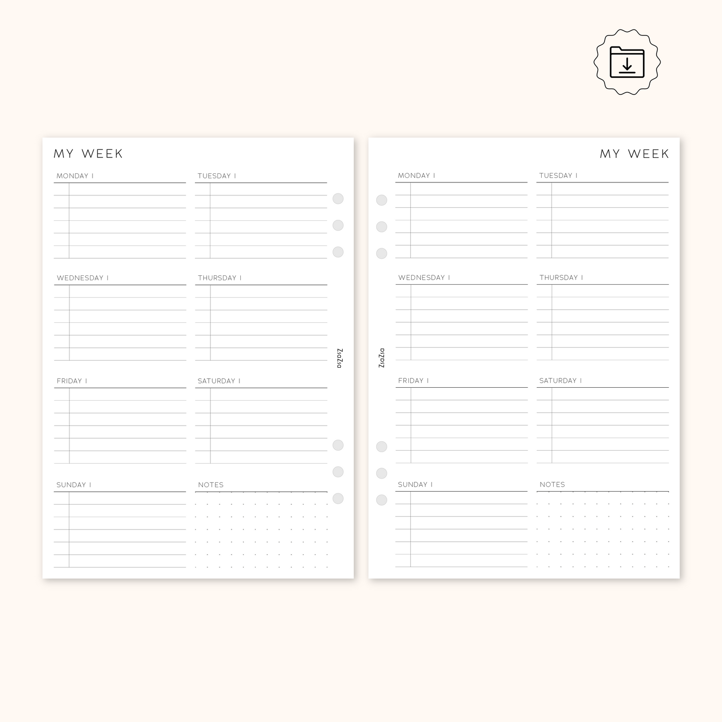 PRINTABLE - Un-Dated Week on 1 Page Planner Insert V1